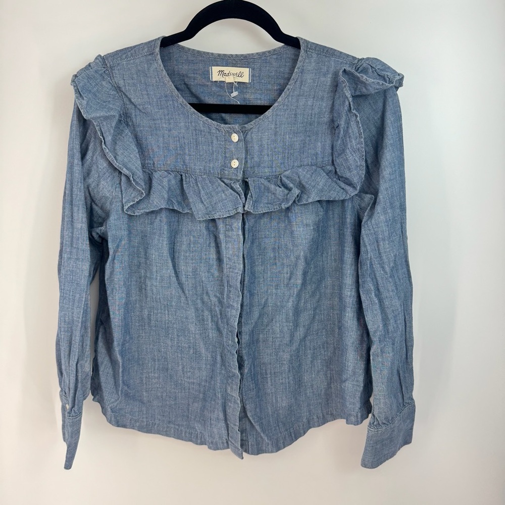 MadeWell Denim Front Button Up Long Sleeve Ruffled Babydoll Top